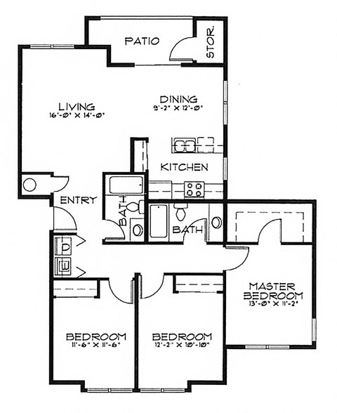 Floor plan for 3 beds, 2 baths, 1285 sqft
